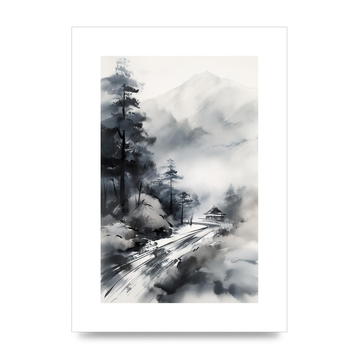 Snowy Japanese Landscape in Ink: Traditional Sumi-e Art