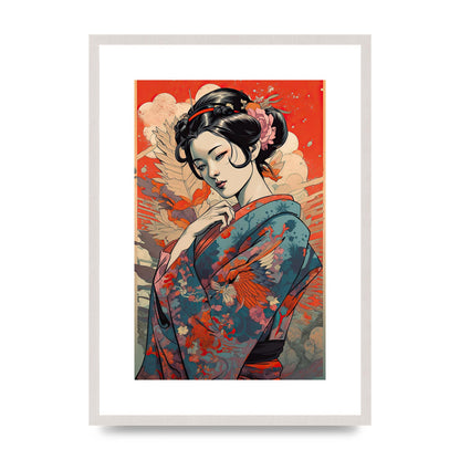 Elegant Geisha in Kimono: Classic Japanese Art print in an A2 white saw cut grain frame
