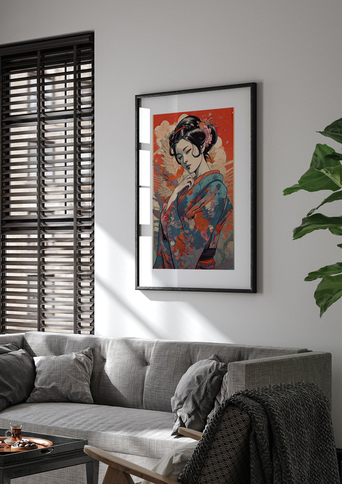 Elegant Geisha in Kimono: Classic Japanese Art Print