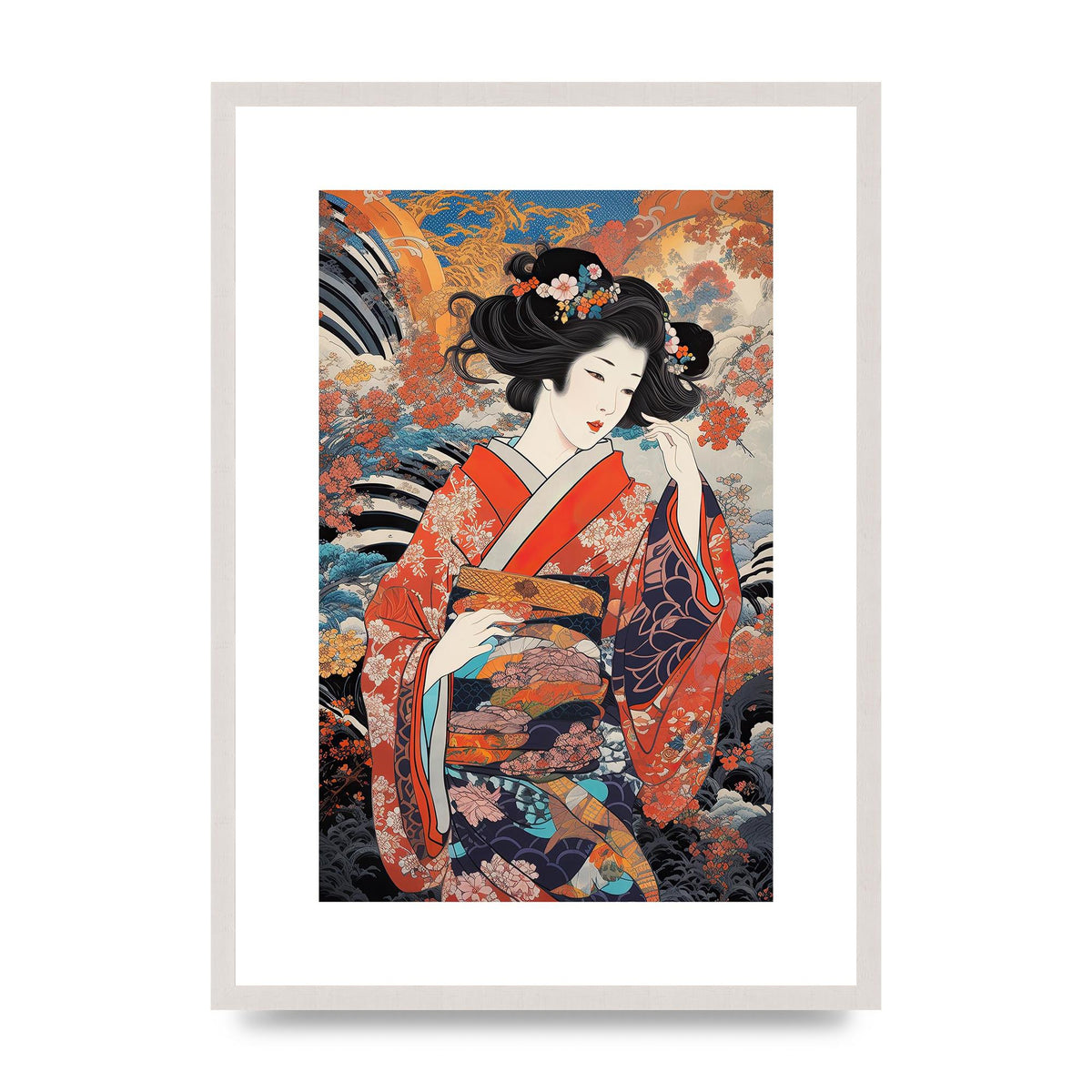 Japanese Woman in Kimono with Floral Pattern Art, print in an A2 white saw cut grain frame
