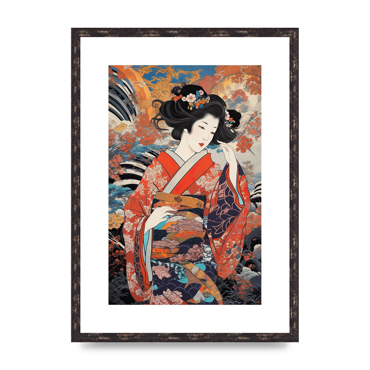 Japanese Woman in Kimono with Floral Pattern Art
