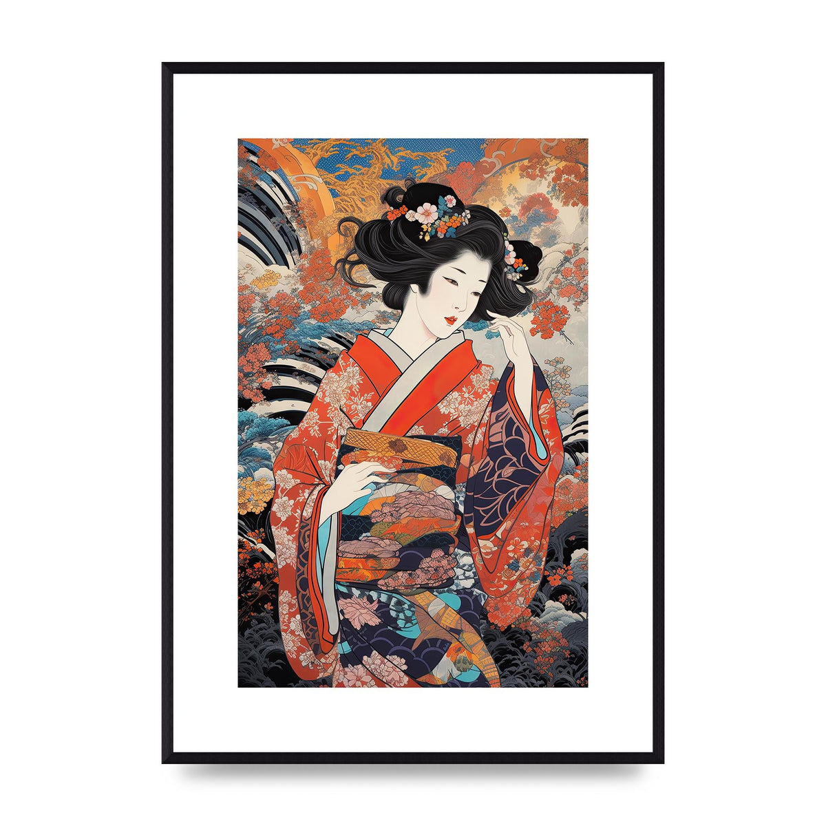 Japanese Woman in Kimono with Floral Pattern Art