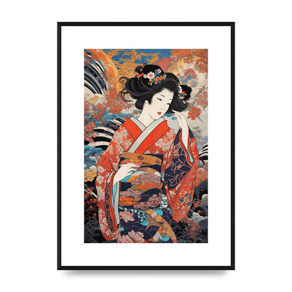 Japanese Woman in Kimono with Floral Pattern Art