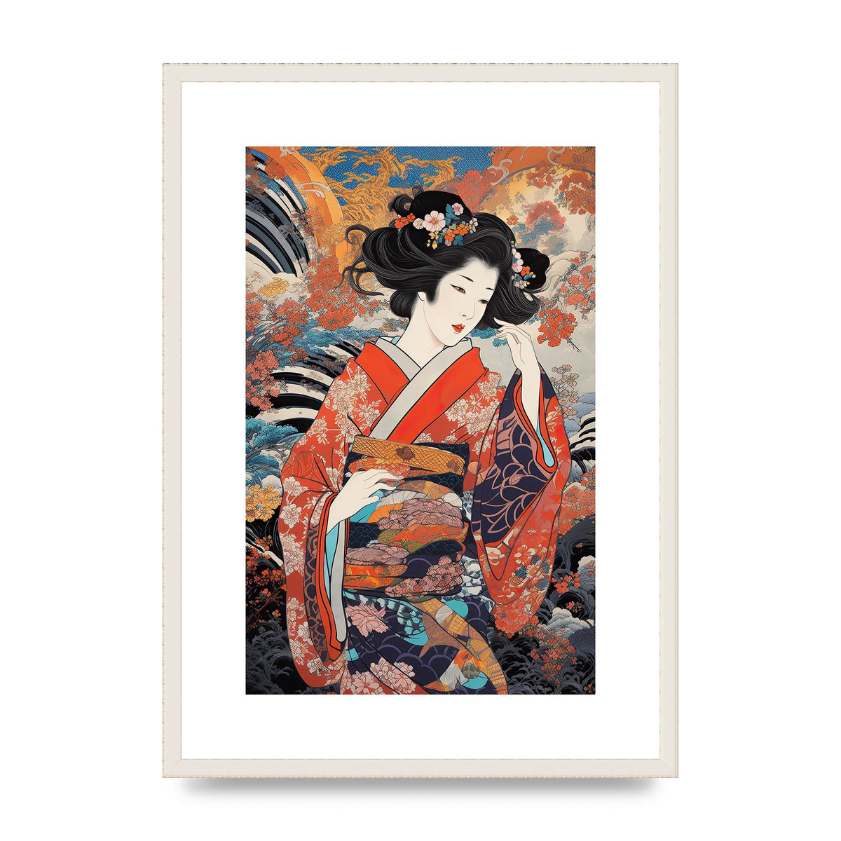 Japanese Woman in Kimono with Floral Pattern Art