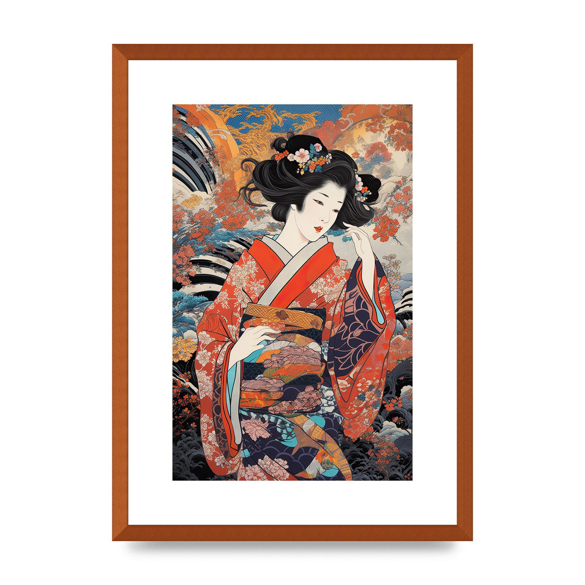 Japanese Woman in Kimono with Floral Pattern Art