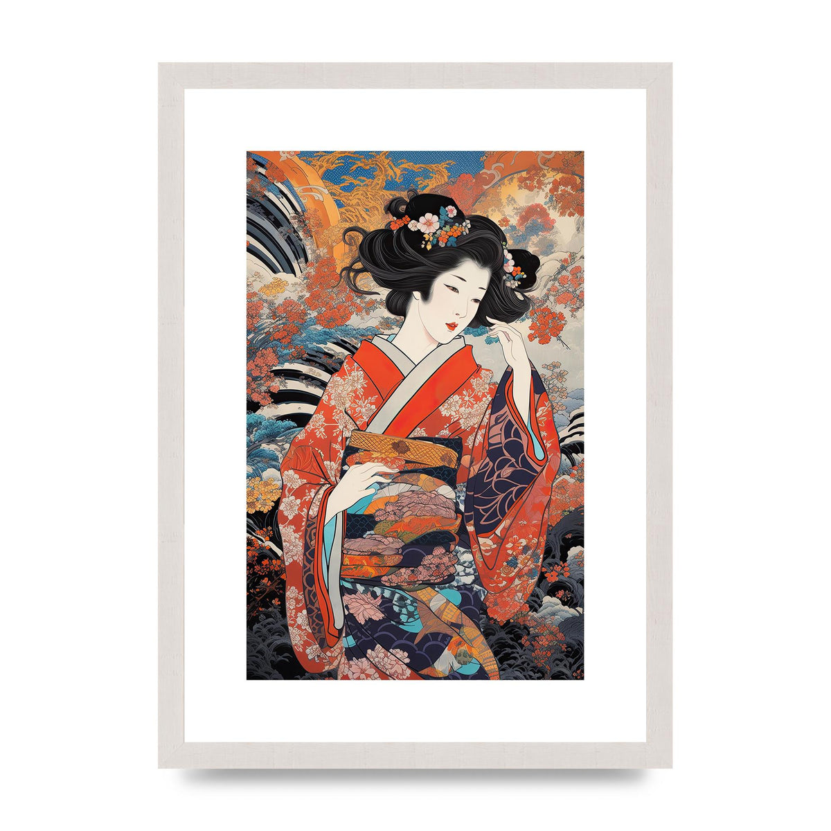 Japanese Woman in Kimono with Floral Pattern Art