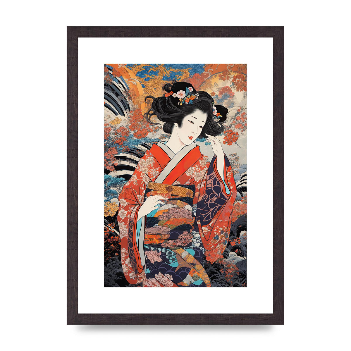 Japanese Woman in Kimono with Floral Pattern Art