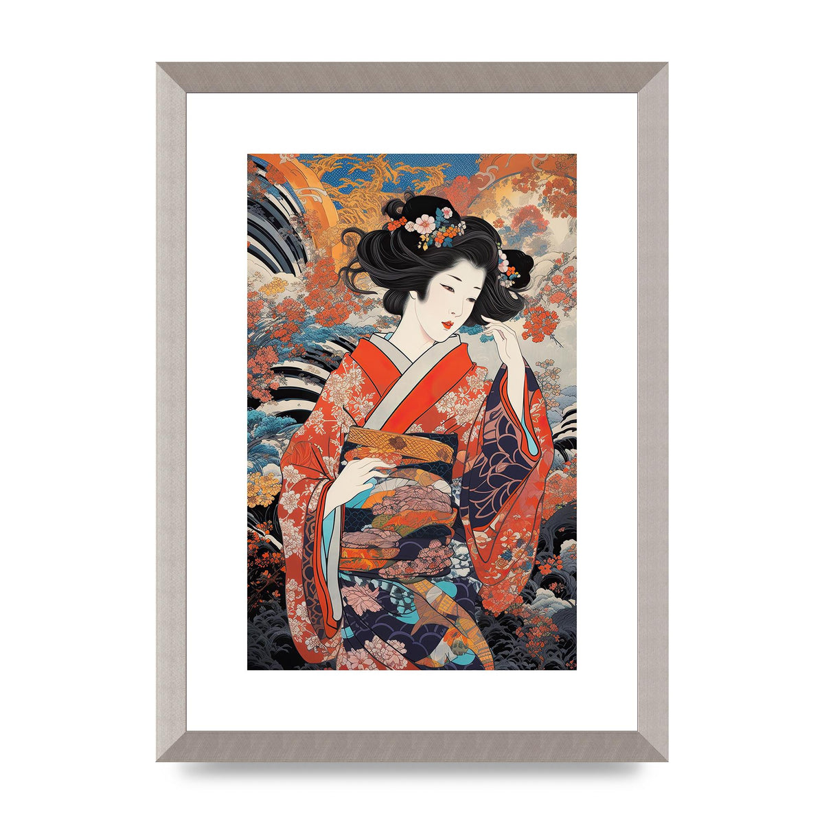 Japanese Woman in Kimono with Floral Pattern Art