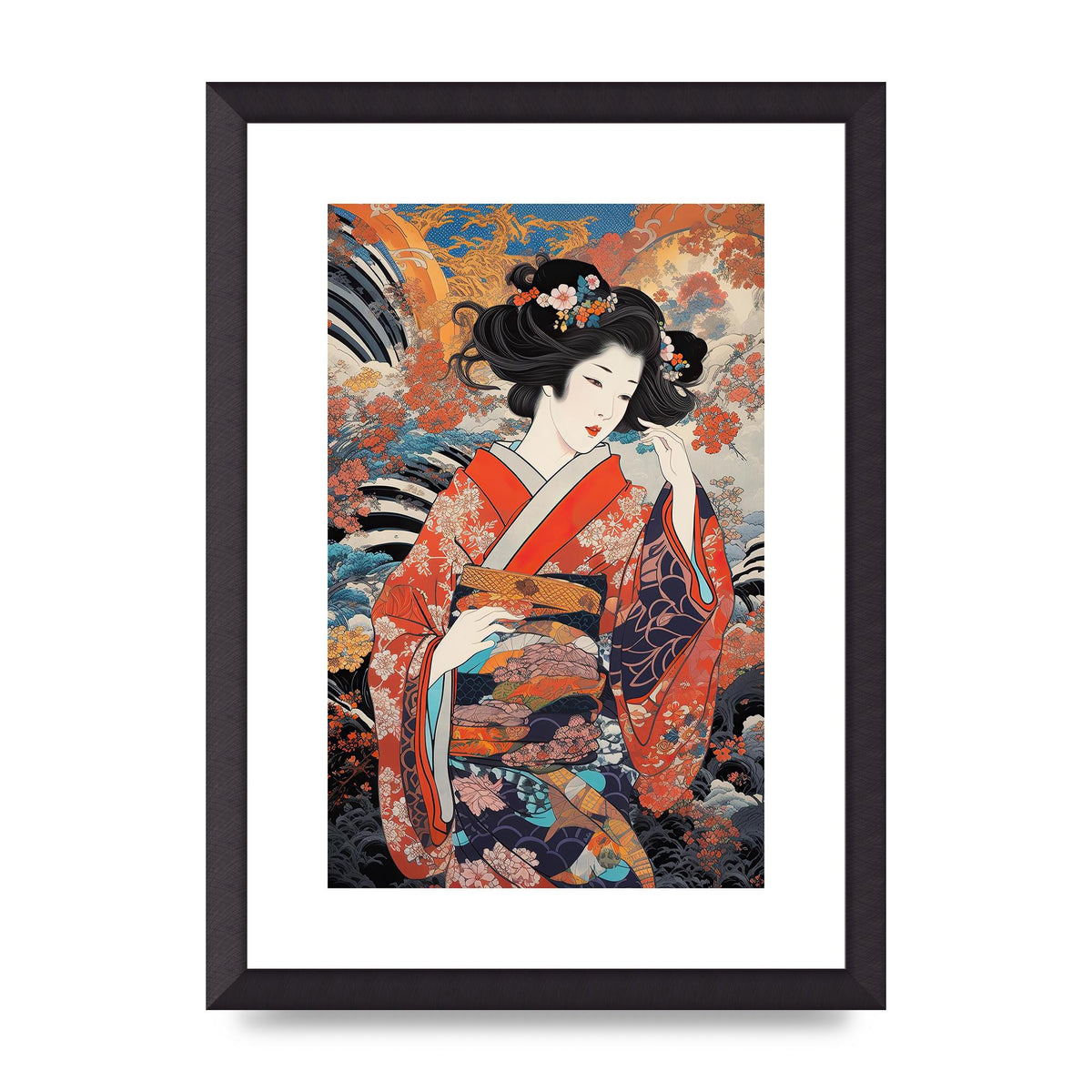 Japanese Woman in Kimono with Floral Pattern Art