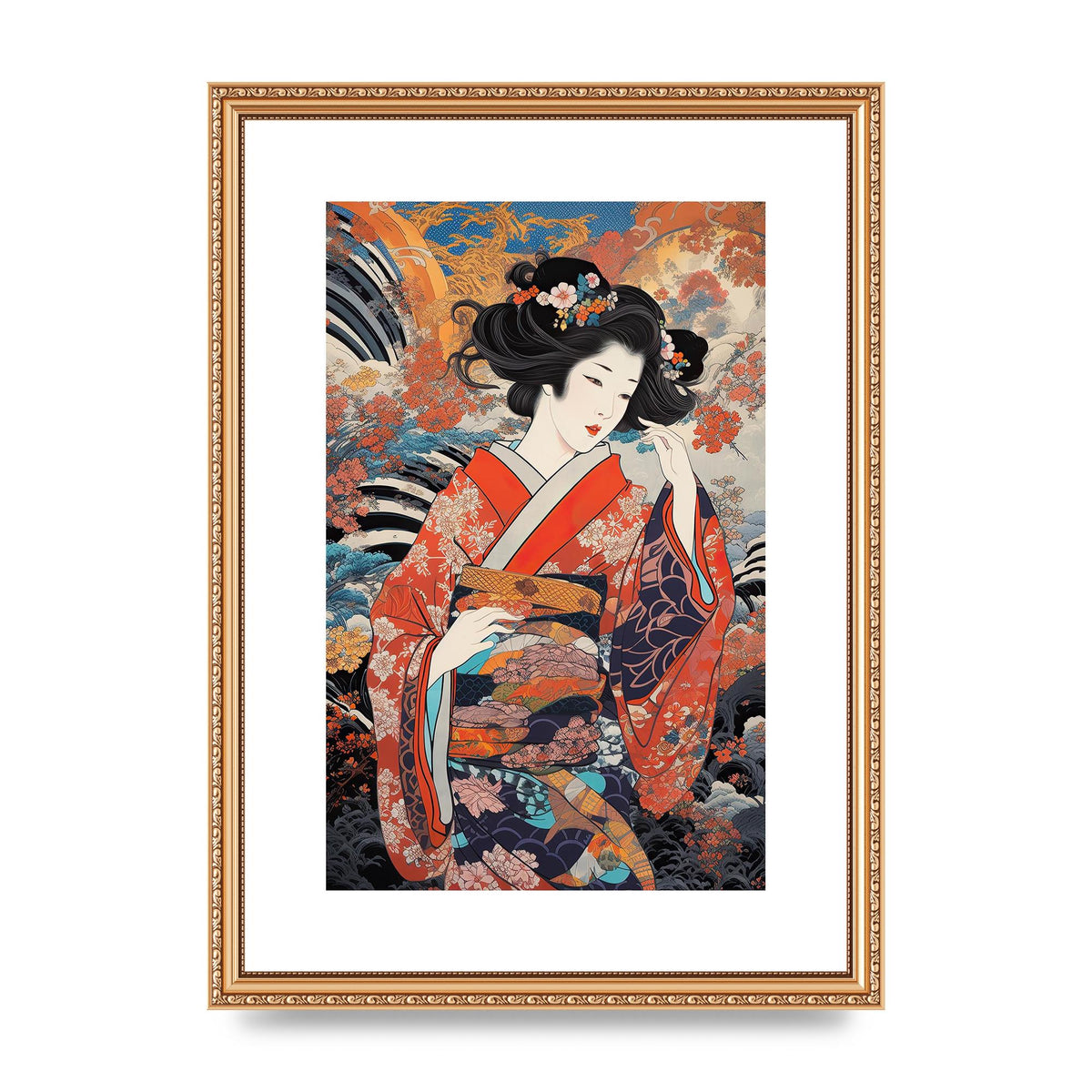 Japanese Woman in Kimono with Floral Pattern Art