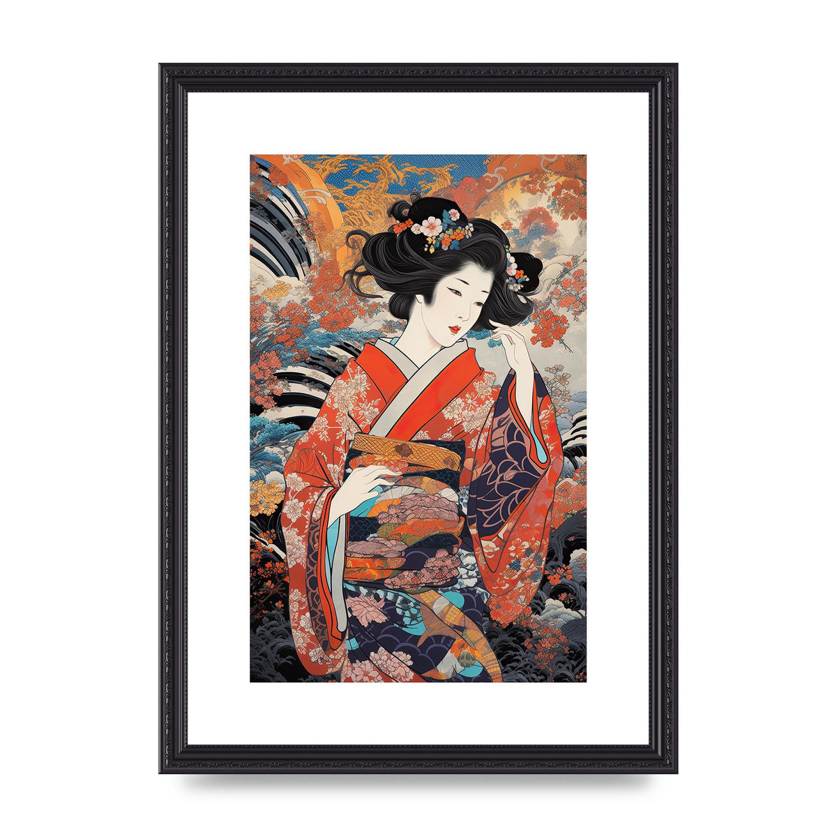 Japanese Woman in Kimono with Floral Pattern Art