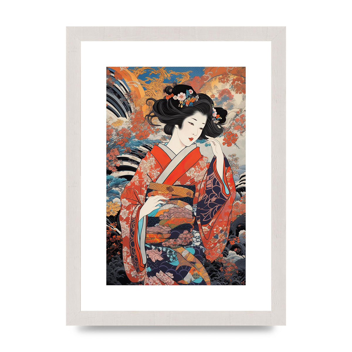 Japanese Woman in Kimono with Floral Pattern Art