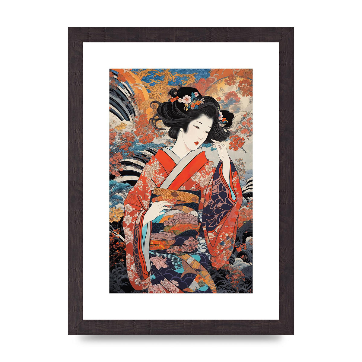 Japanese Woman in Kimono with Floral Pattern Art