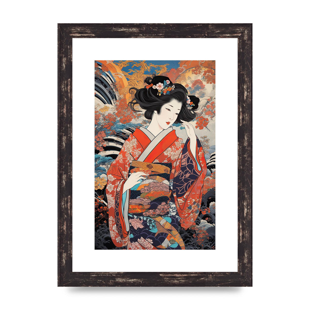 Japanese Woman in Kimono with Floral Pattern Art