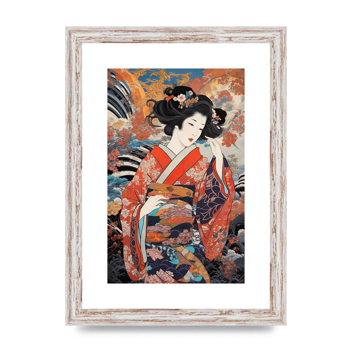 Japanese Woman in Kimono with Floral Pattern Art
