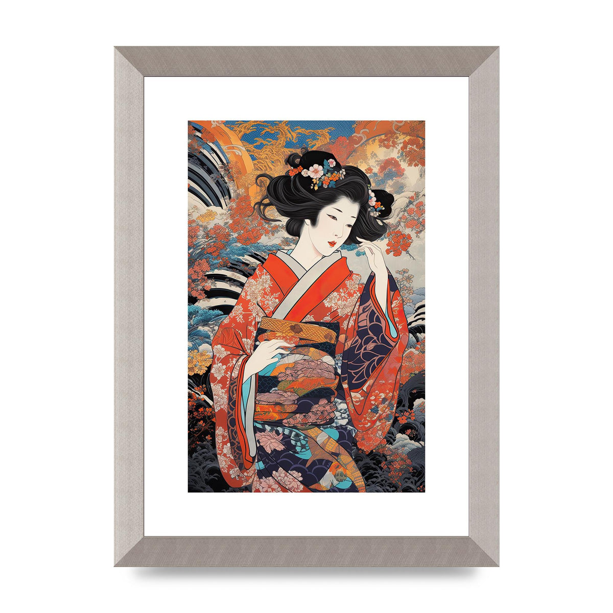 Japanese Woman in Kimono with Floral Pattern Art
