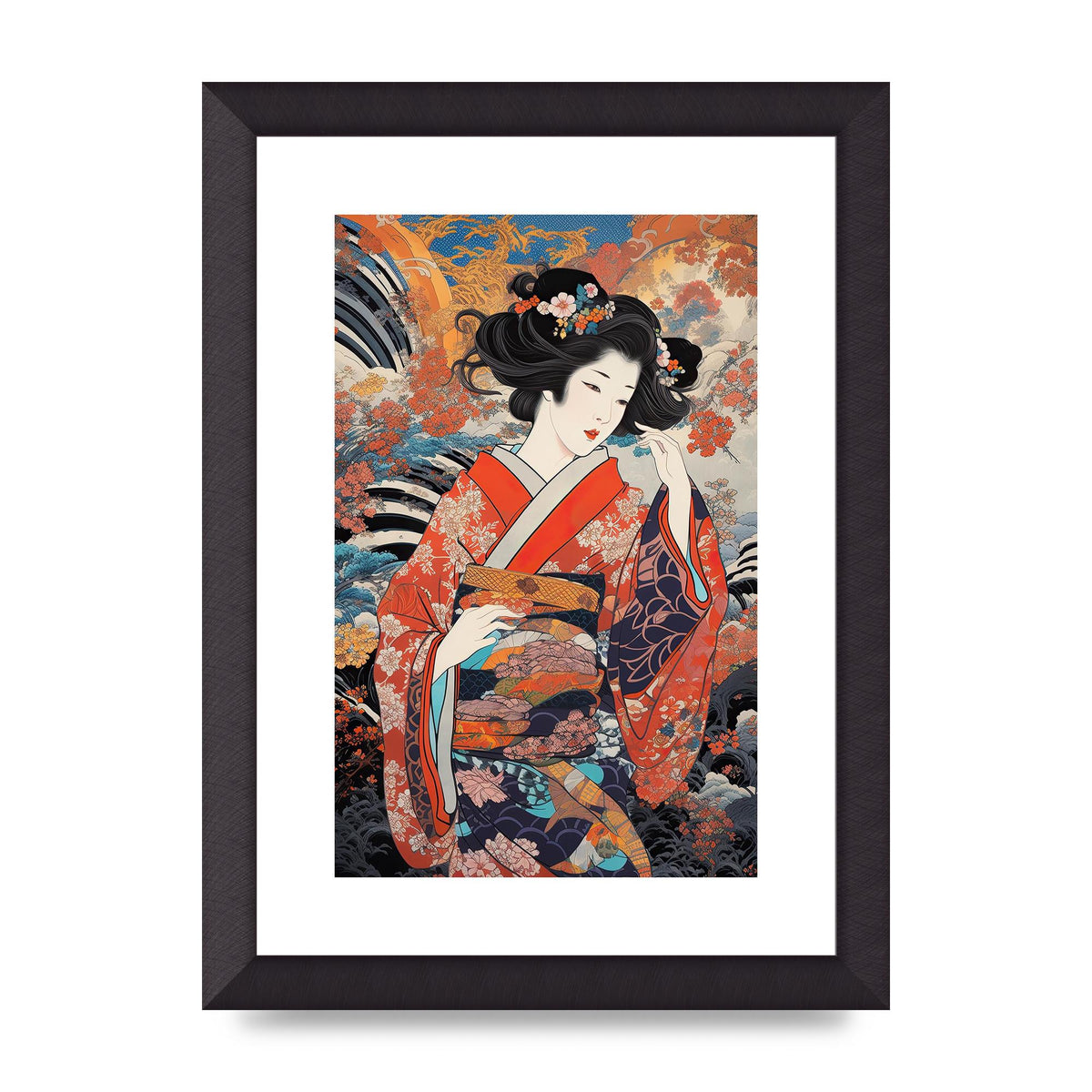 Japanese Woman in Kimono with Floral Pattern Art