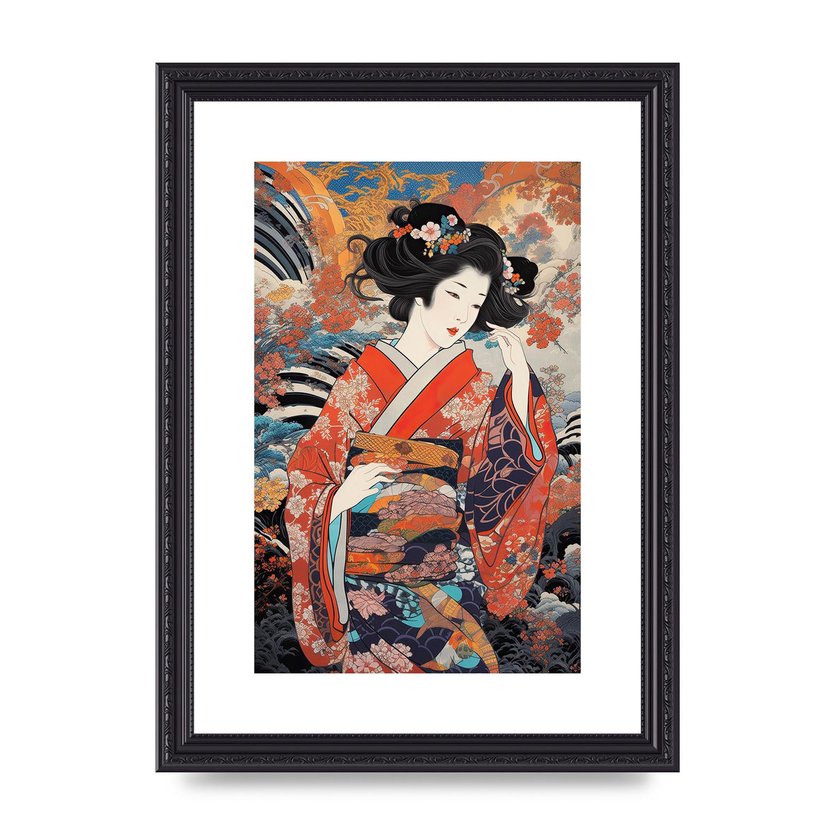 Japanese Woman in Kimono with Floral Pattern Art