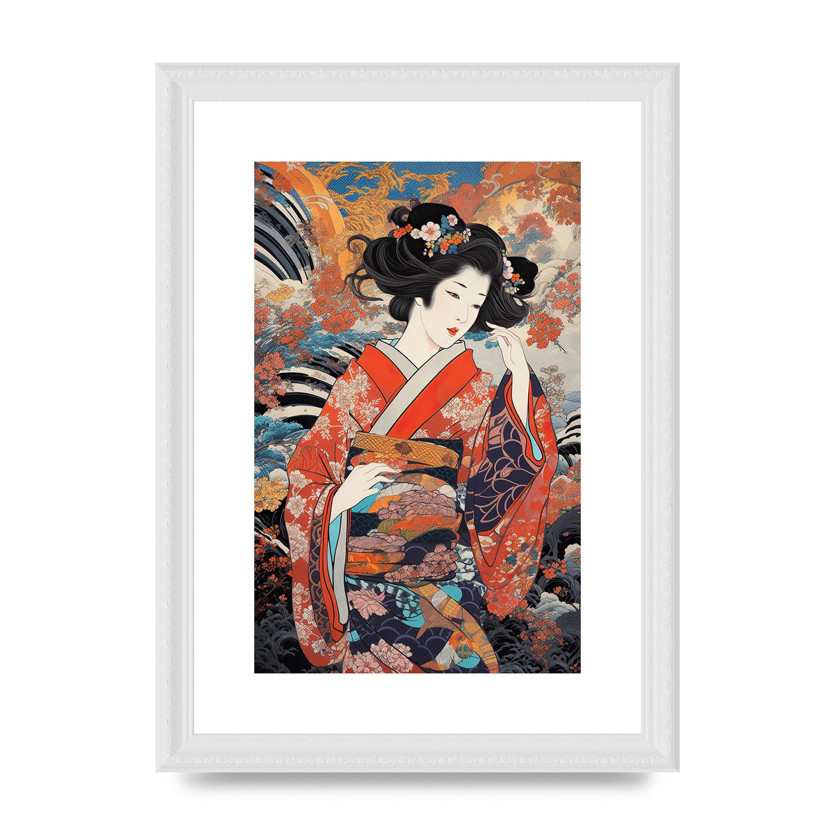 Japanese Woman in Kimono with Floral Pattern Art