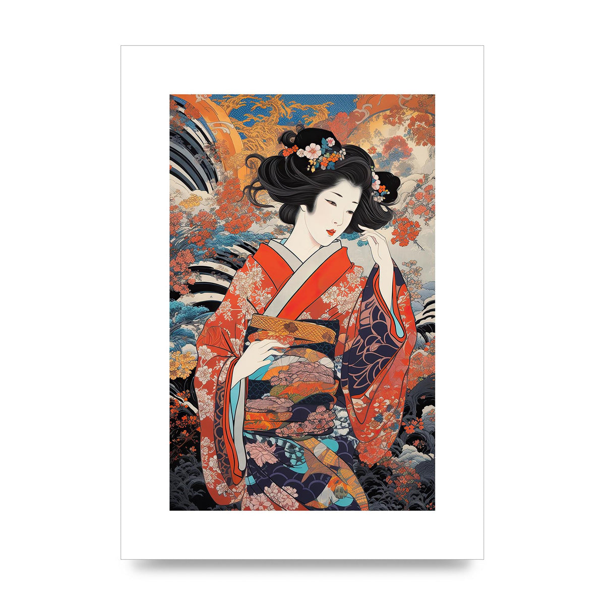 Japanese Woman in Kimono with Floral Pattern Art