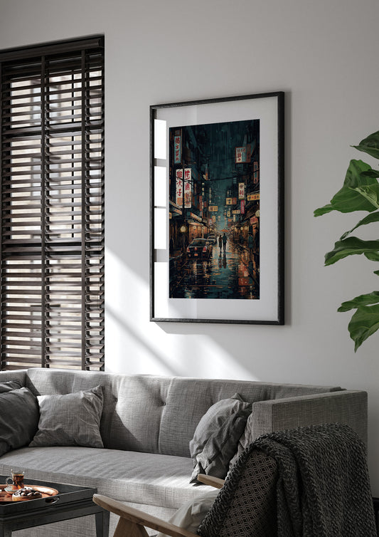 Rainy Tokyo Street at Night Illustration Print
