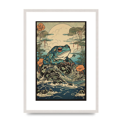 Traditional Japanese Art of Majestic Ocean Frog, print in an A2 white saw cut grain frame
