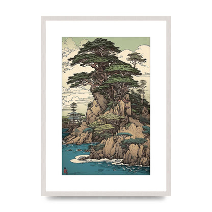 Ancient Japanese Cliffside Pine Tree Artwork, print in an A2 white saw cut grain frame