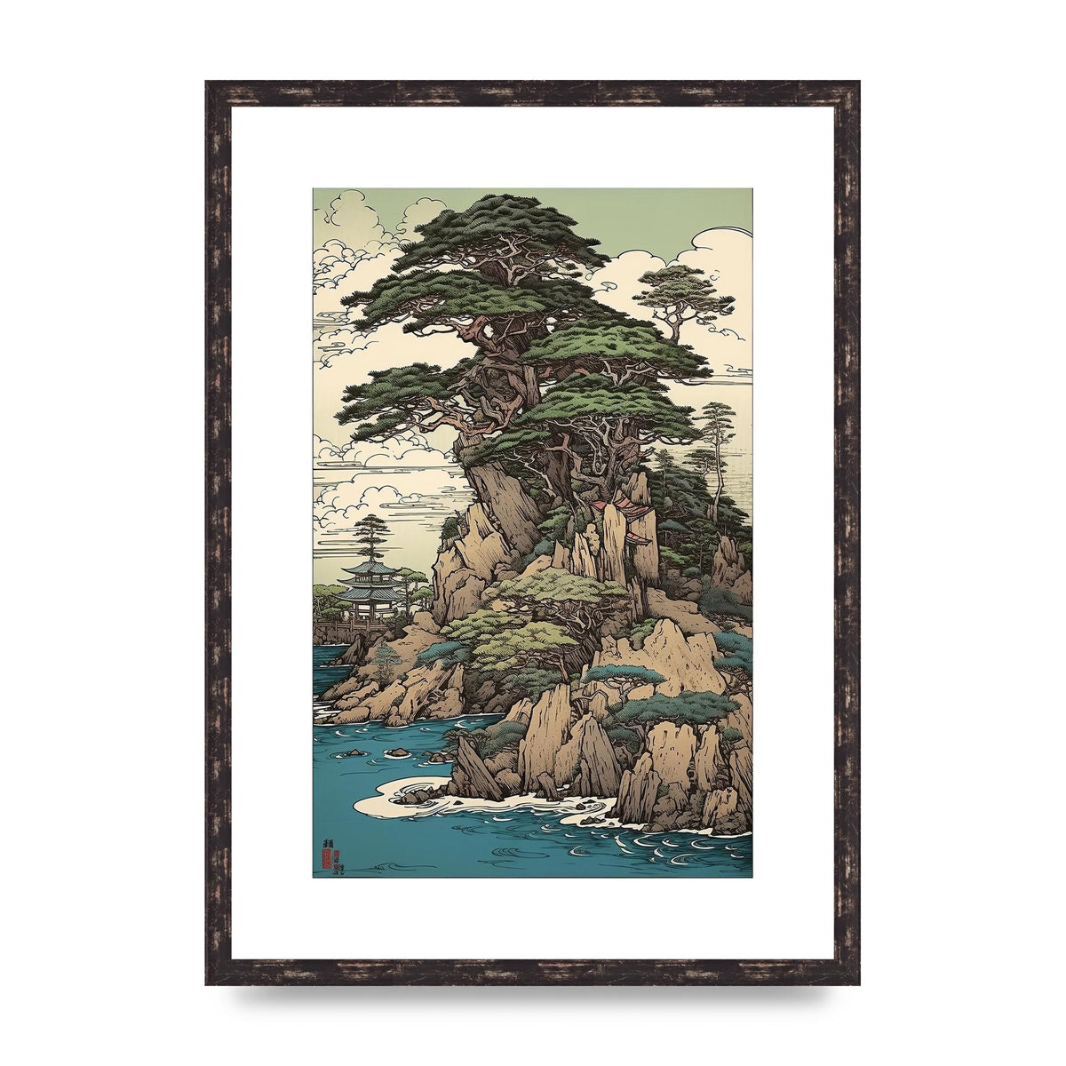 Ancient Japanese Cliffside Pine Tree Artwork