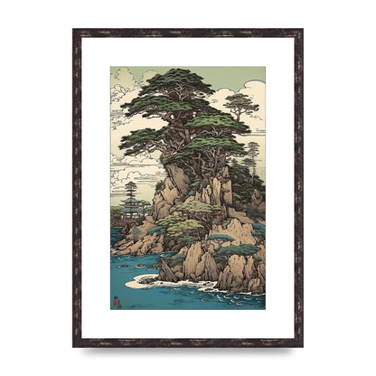 Ancient Japanese Cliffside Pine Tree Artwork