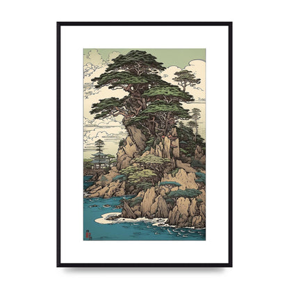 Ancient Japanese Cliffside Pine Tree Artwork
