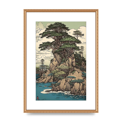 Ancient Japanese Cliffside Pine Tree Artwork