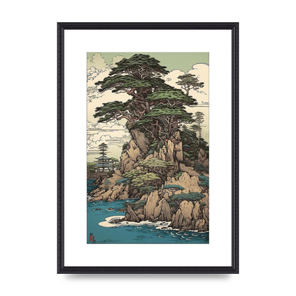 Ancient Japanese Cliffside Pine Tree Artwork