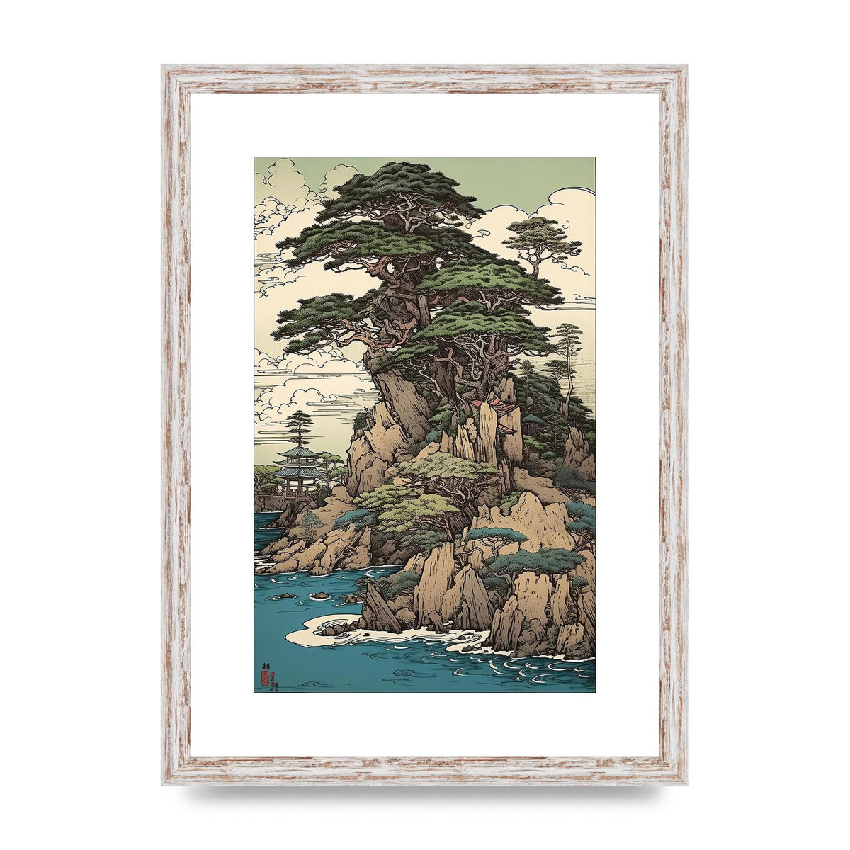 Ancient Japanese Cliffside Pine Tree Artwork