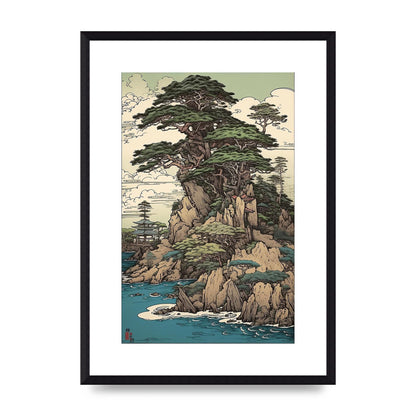 Ancient Japanese Cliffside Pine Tree Artwork