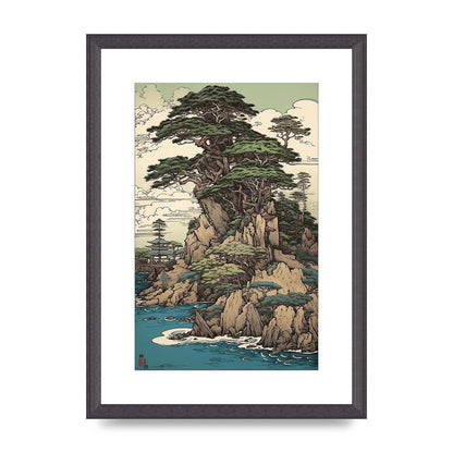 Ancient Japanese Cliffside Pine Tree Artwork