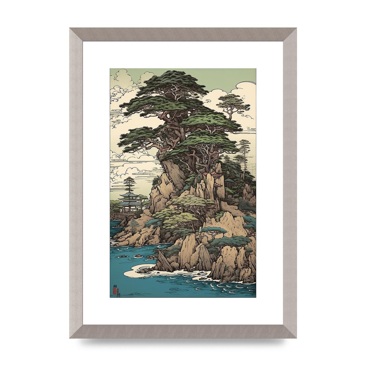 Ancient Japanese Cliffside Pine Tree Artwork