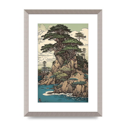 Ancient Japanese Cliffside Pine Tree Artwork