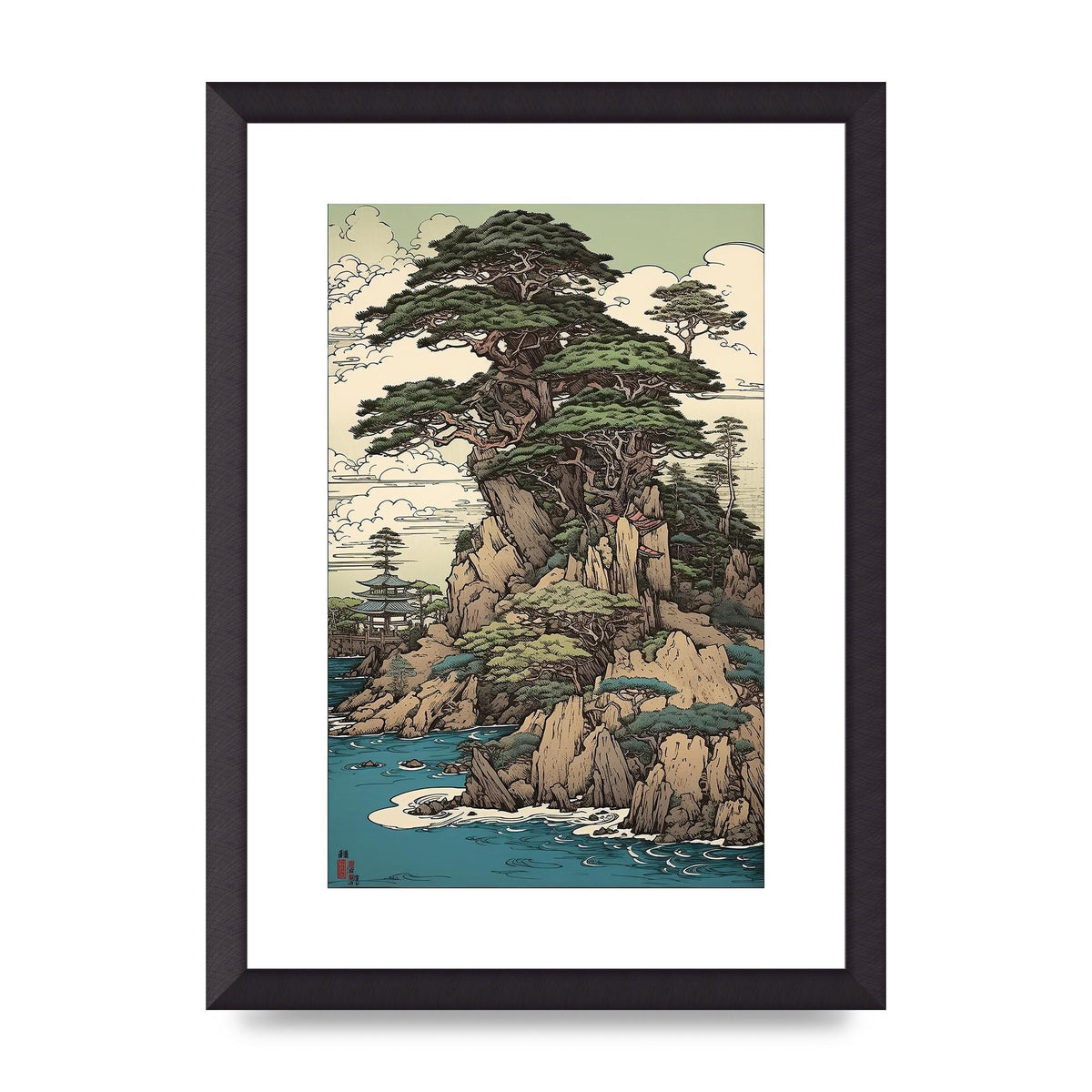 Ancient Japanese Cliffside Pine Tree Artwork