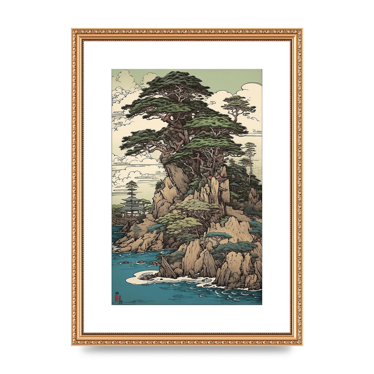 Ancient Japanese Cliffside Pine Tree Artwork