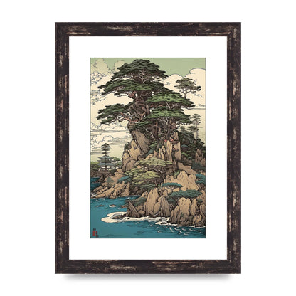 Ancient Japanese Cliffside Pine Tree Artwork