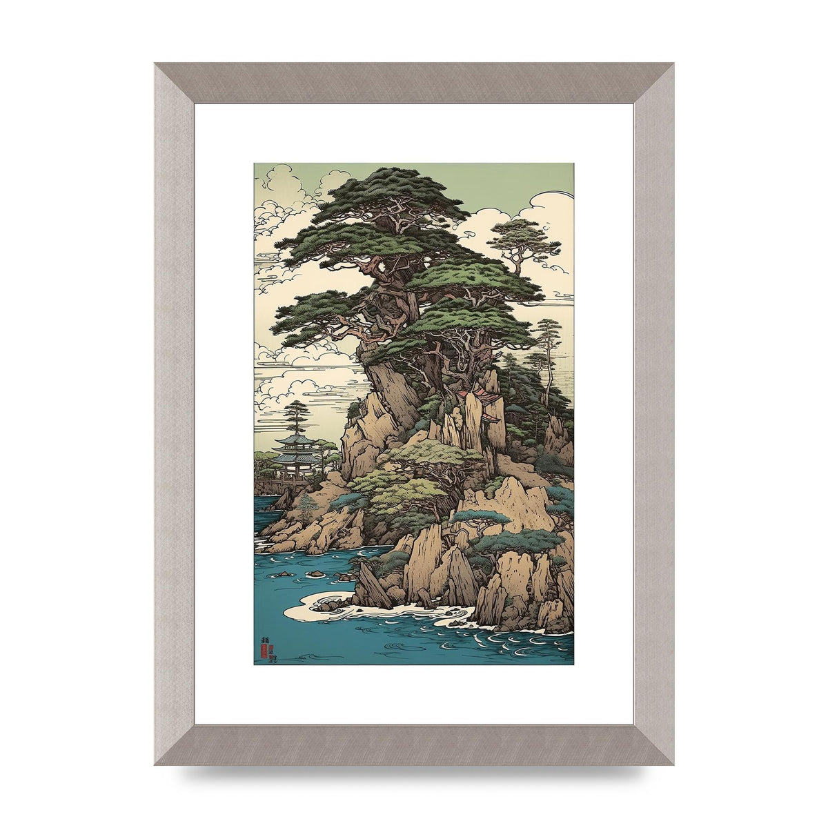 Ancient Japanese Cliffside Pine Tree Artwork