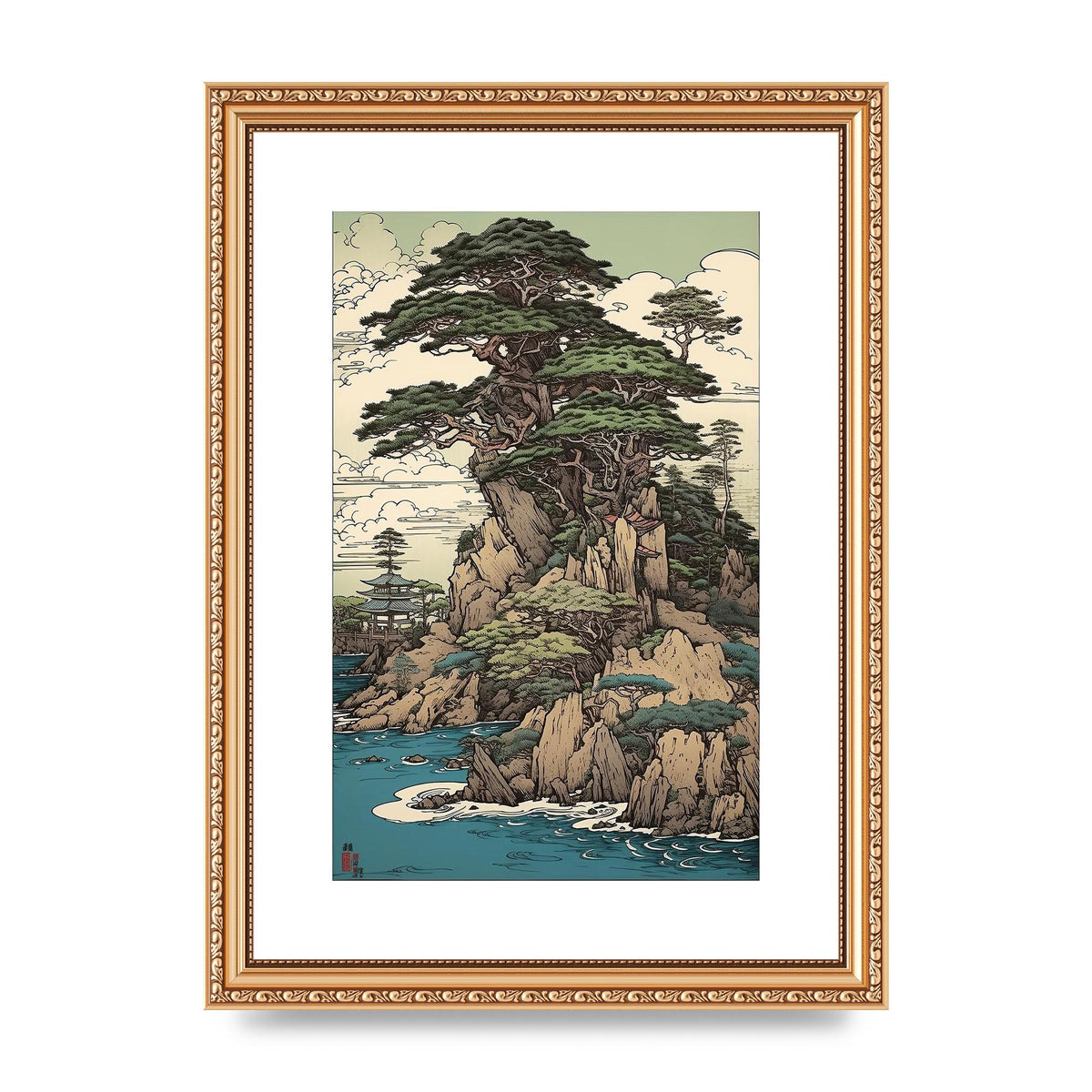 Ancient Japanese Cliffside Pine Tree Artwork