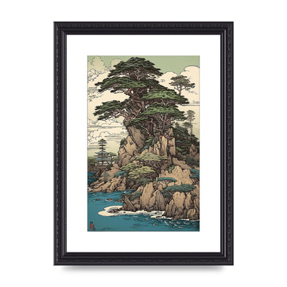 Ancient Japanese Cliffside Pine Tree Artwork