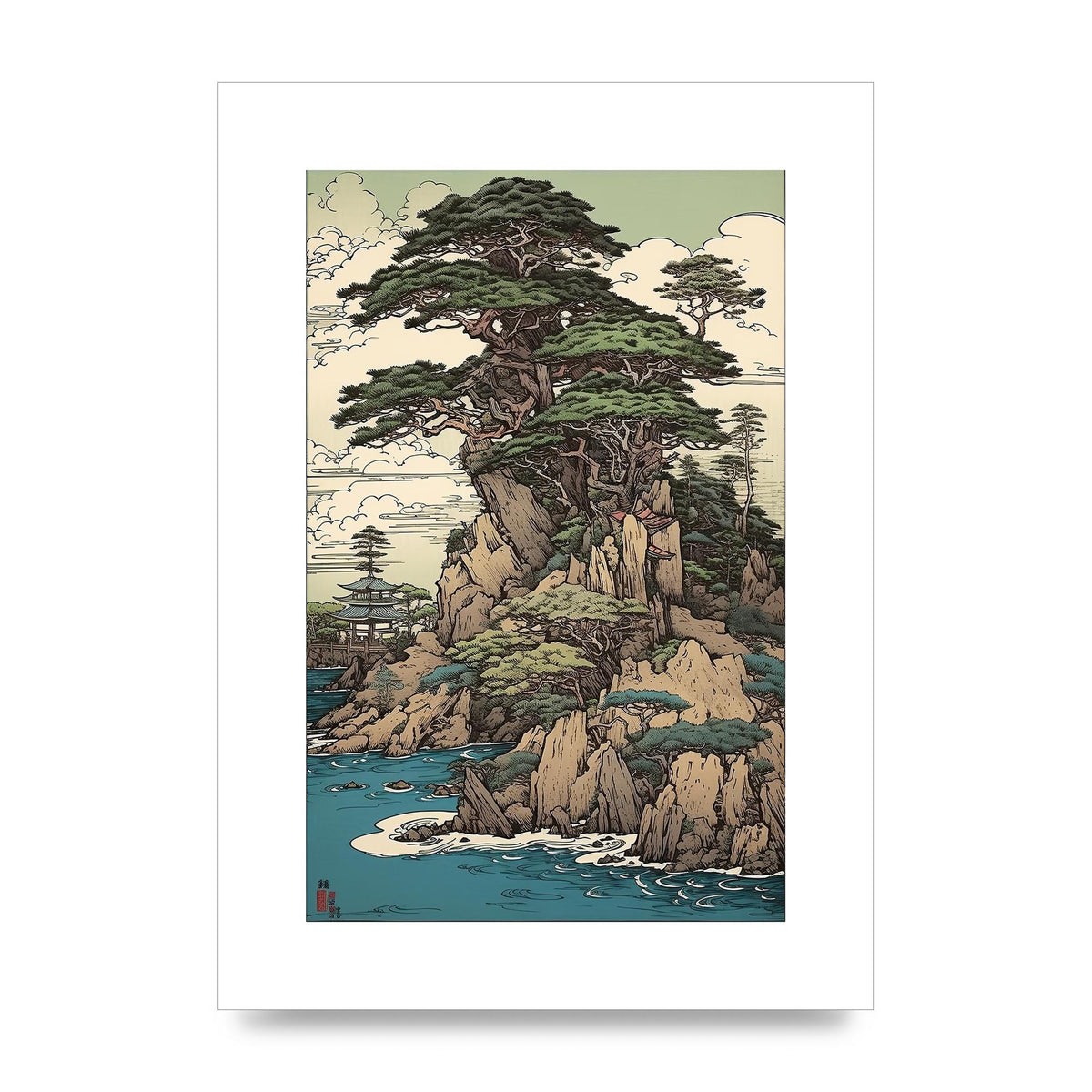 Ancient Japanese Cliffside Pine Tree Artwork