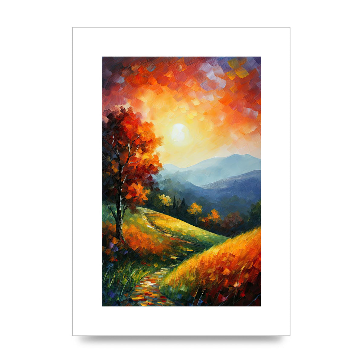 Vivid Autumn Landscape Painting with Sun
