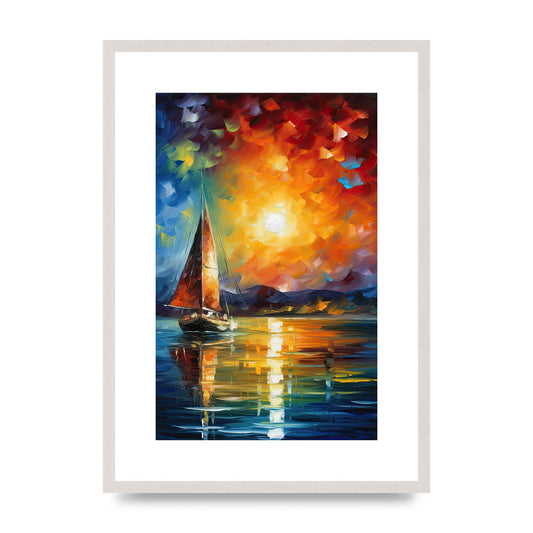 Sunset Sailing Adventure Impressionist Artwork, print in an A2 white saw cut grain frame