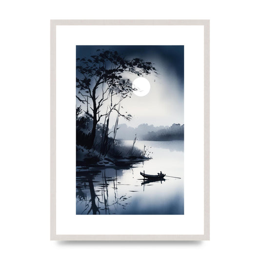 Serene Sumi-e Moon Lake and Silhouetted Boat, print in an A2 white saw cut grain frame