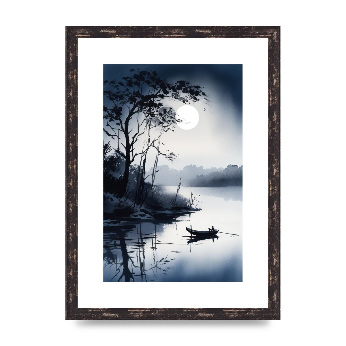 Serene Sumi-e Moon Lake and Silhouetted Boat