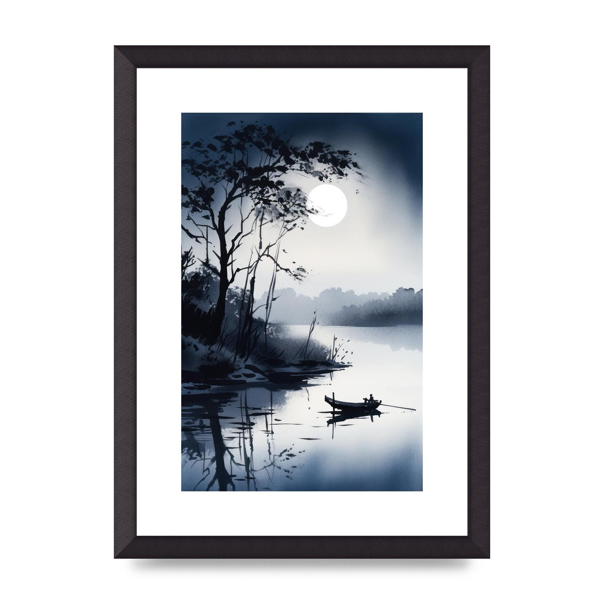 Serene Sumi-e Moon Lake and Silhouetted Boat