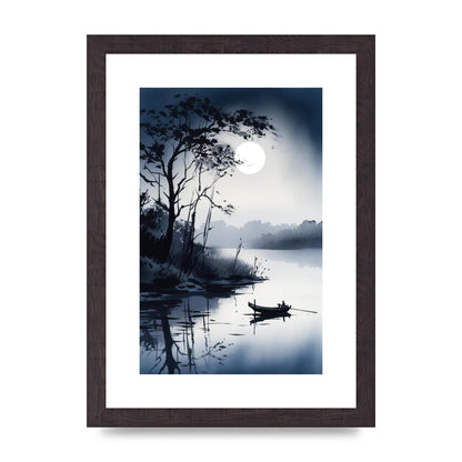 Serene Sumi-e Moon Lake and Silhouetted Boat